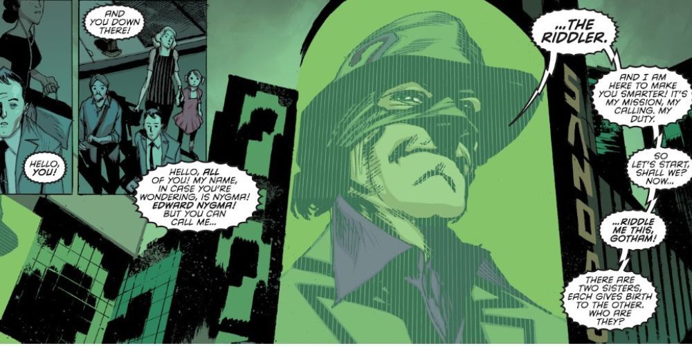 Riddler appears on the big screen to give a riddle to the city.