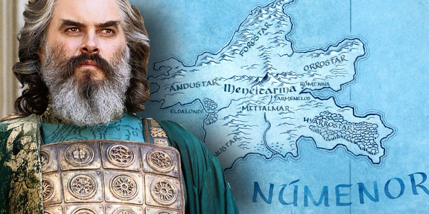 The Rings of Power's Pharazon with a map of Numenor.