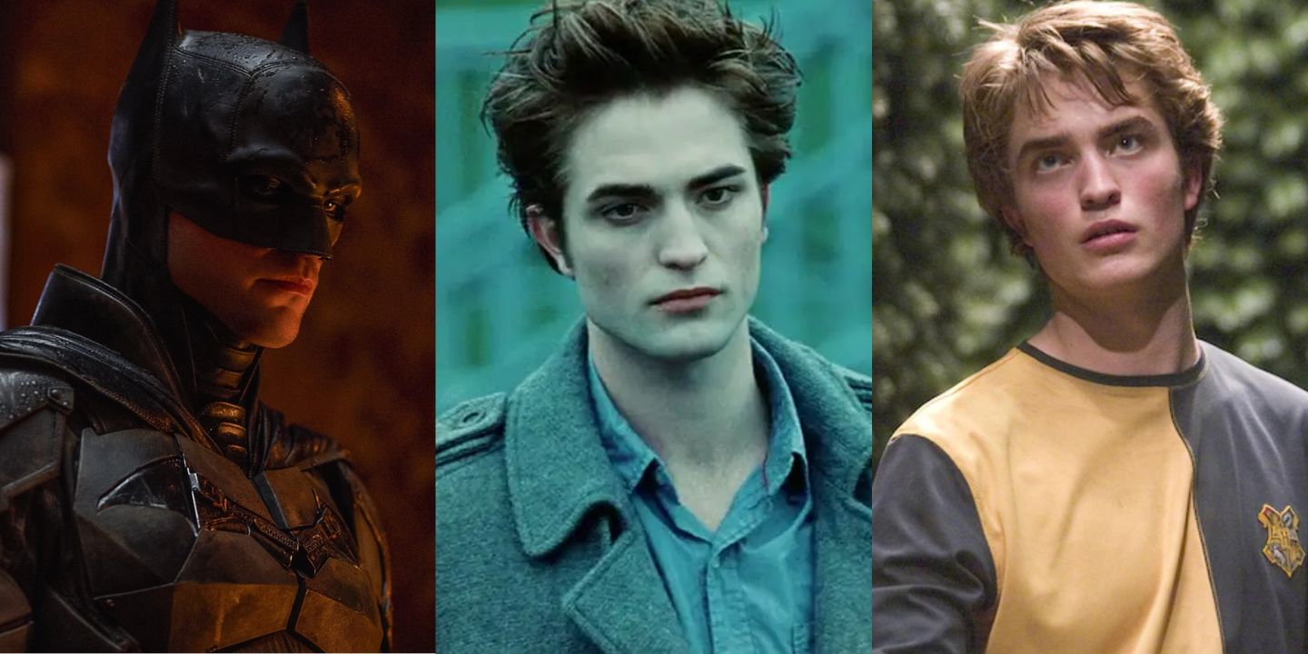A split image of Robert Pattinson as Batman, as Edward Cullen from Twilight, and as Cedric Diggory from Harry Potter