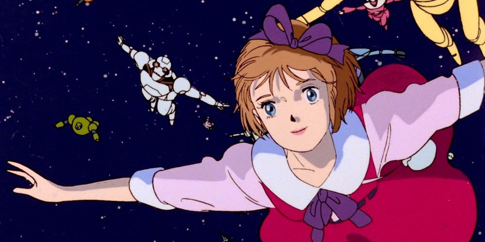 A young lady flies through space with a robot in the film Robot Carnival.