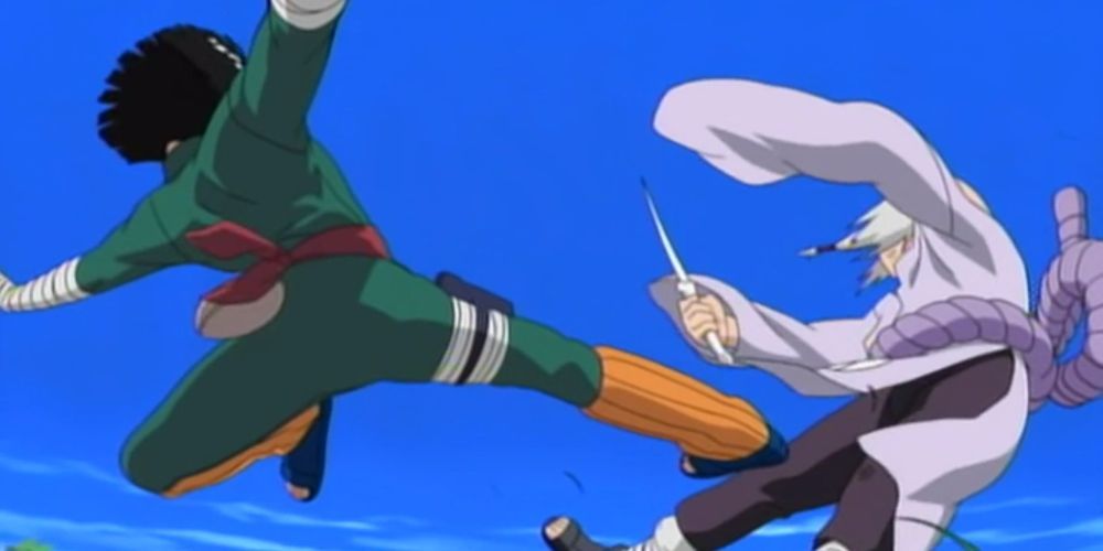 Rock Lee uses Leaf Whirlwind against Kimimaro in Naruto.