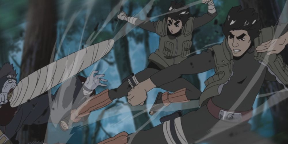 Rock Lee and Might Guy use Dynamic Entry against ninja in Naruto Shippuden.
