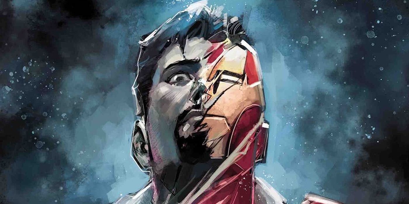 The right half of Tony Stark's face is covered by the Iron Man armor in Marvel Comics