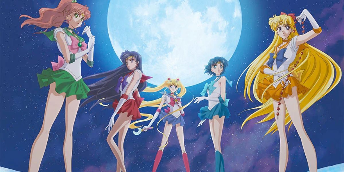 Sailor Moon and the Inner Senshi posing in front of the moon (Sailor Moon Crystal)