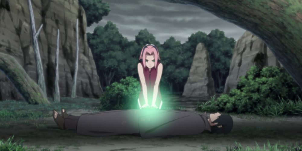Sakura heals Sasuke using Palm Sage Jutsu in Naruto Shippuden.