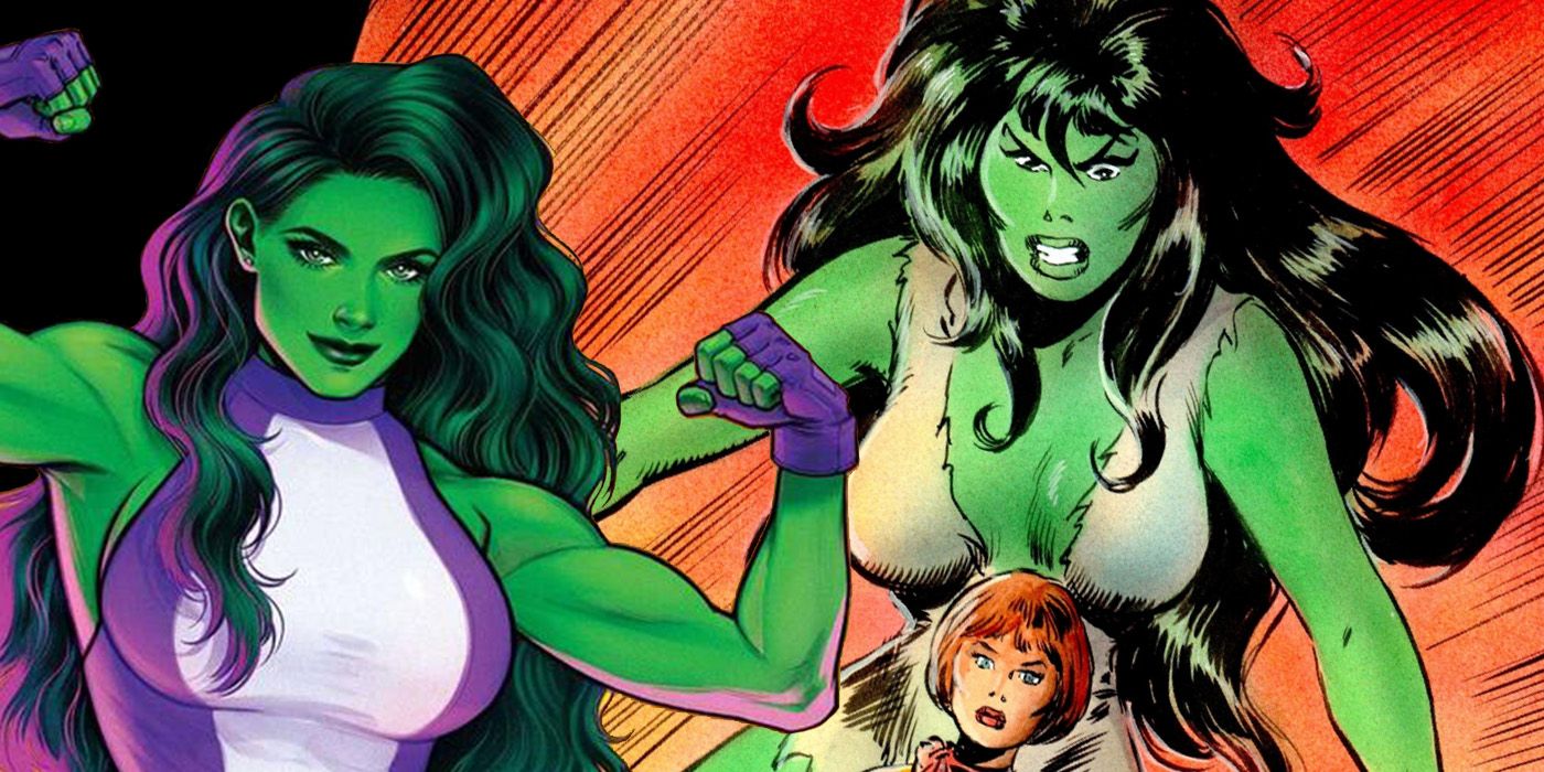 split image of modern She-Hulk with Savage She-Hulk and Jen Walters