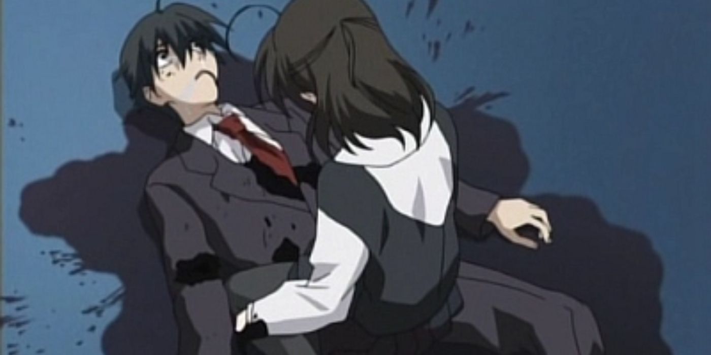 An image from School Days; a girl sitting on top of a dead boy.