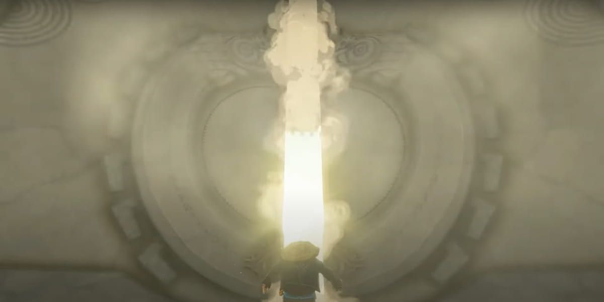 The Legend of Zelda: Tears of the Kingdom で、Zonai ドラゴンが開いているドアをリンクします。