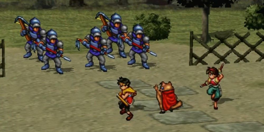 A battle after recruiting the squirrel Mukumuku in Suikoden II