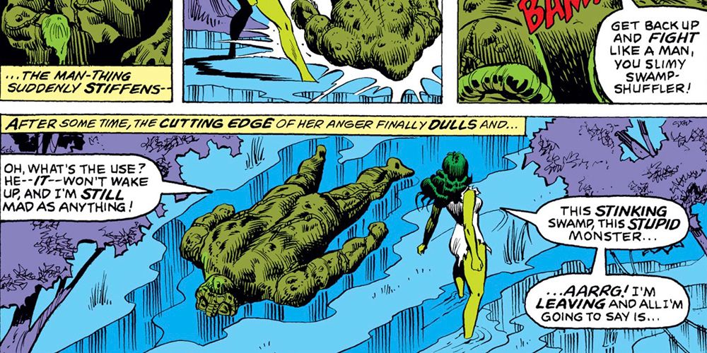 She-Hulk defeats Man-Thing in Marvel Comics