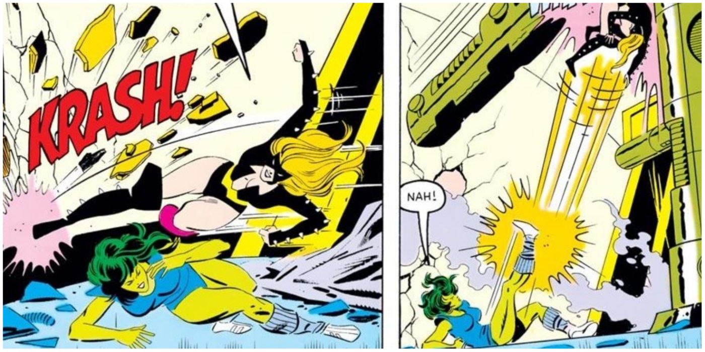 She-Hulk fighting Titania in Marvel comics