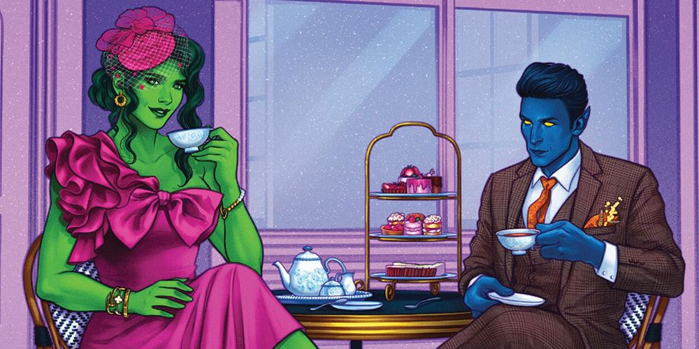 She-Hulk and Nightcrawler having tea together in Marvel Comics