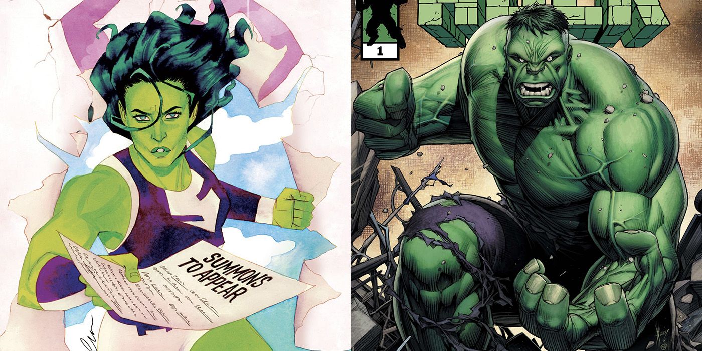A split image of She-Hulk and Hulk Marvel Comics covers side by side
