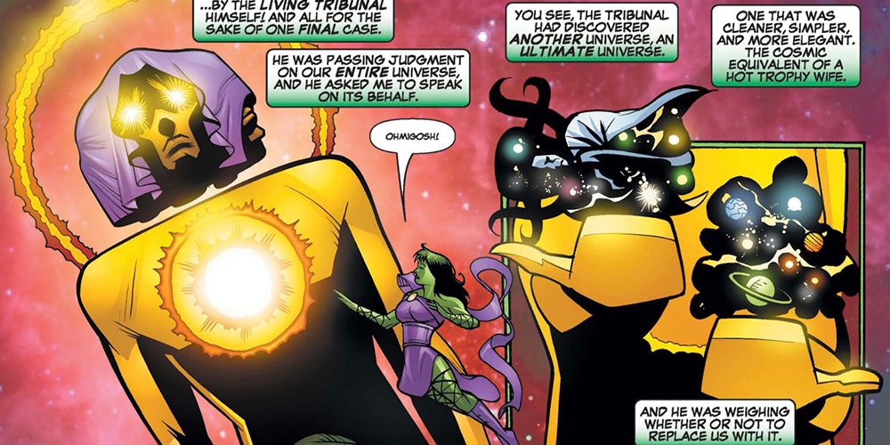 She-Hulk speaking with the Living Tribunal in Marvel Comics