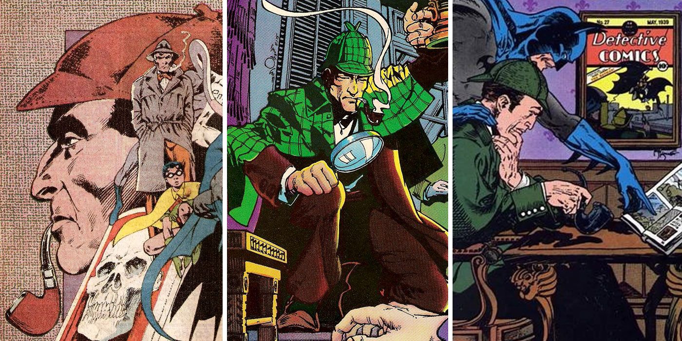 three way image of Sherlock Holmes teaming up with Batman in DC Comics