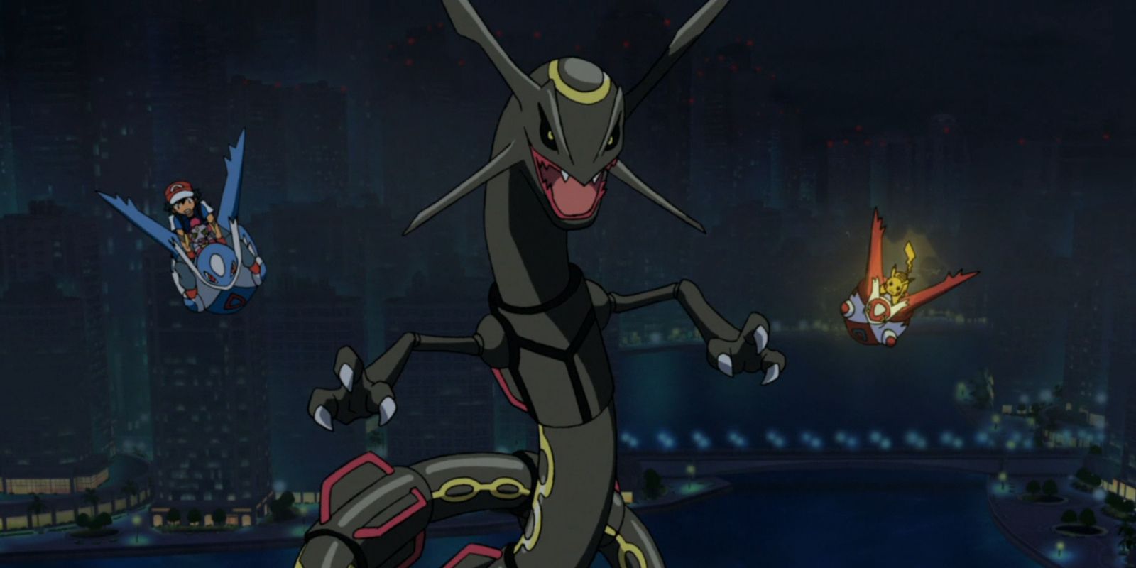 Ash flying on a Latios, Pikachu flying on a Latias, and Shiny Rayquaza in Pokemon the Movie 18: Hoopa and the Clash of Ages