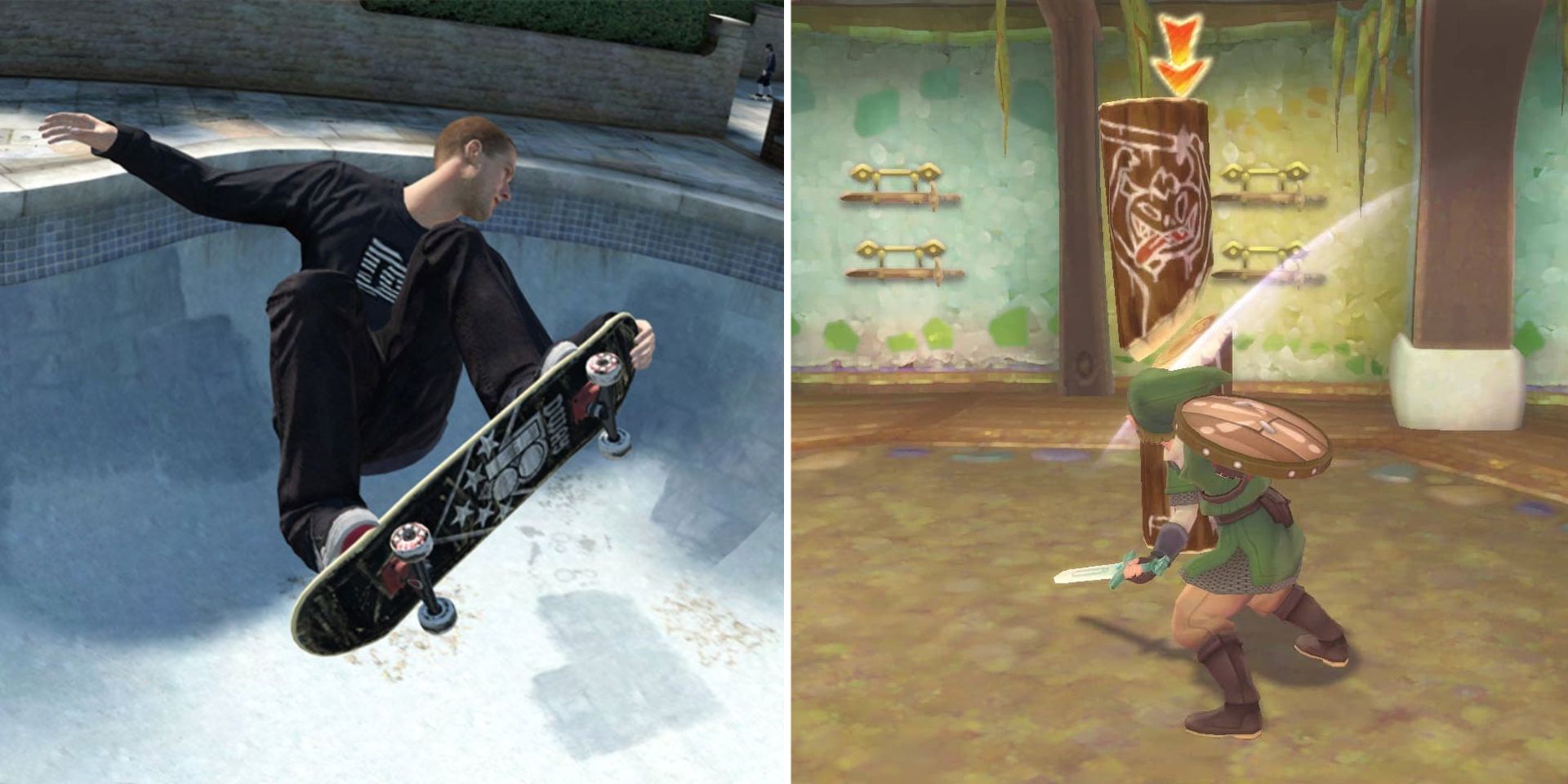 Skateboarder performing a trick in Skate 3 while Link slices a training totem in The Legend of Zelda Skyward Sword HD