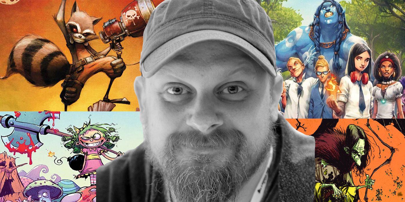 An image of Skottie Young surrounded by his various comic books