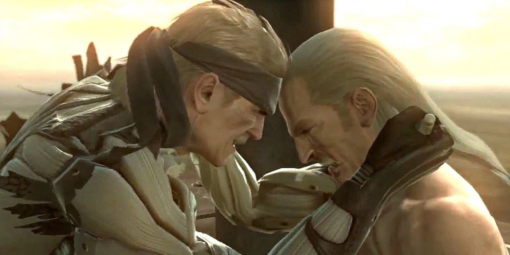 Solid Snake fighting Liquid Ocelot at the end of Metal Gear Solid 4: Guns of the Patriots