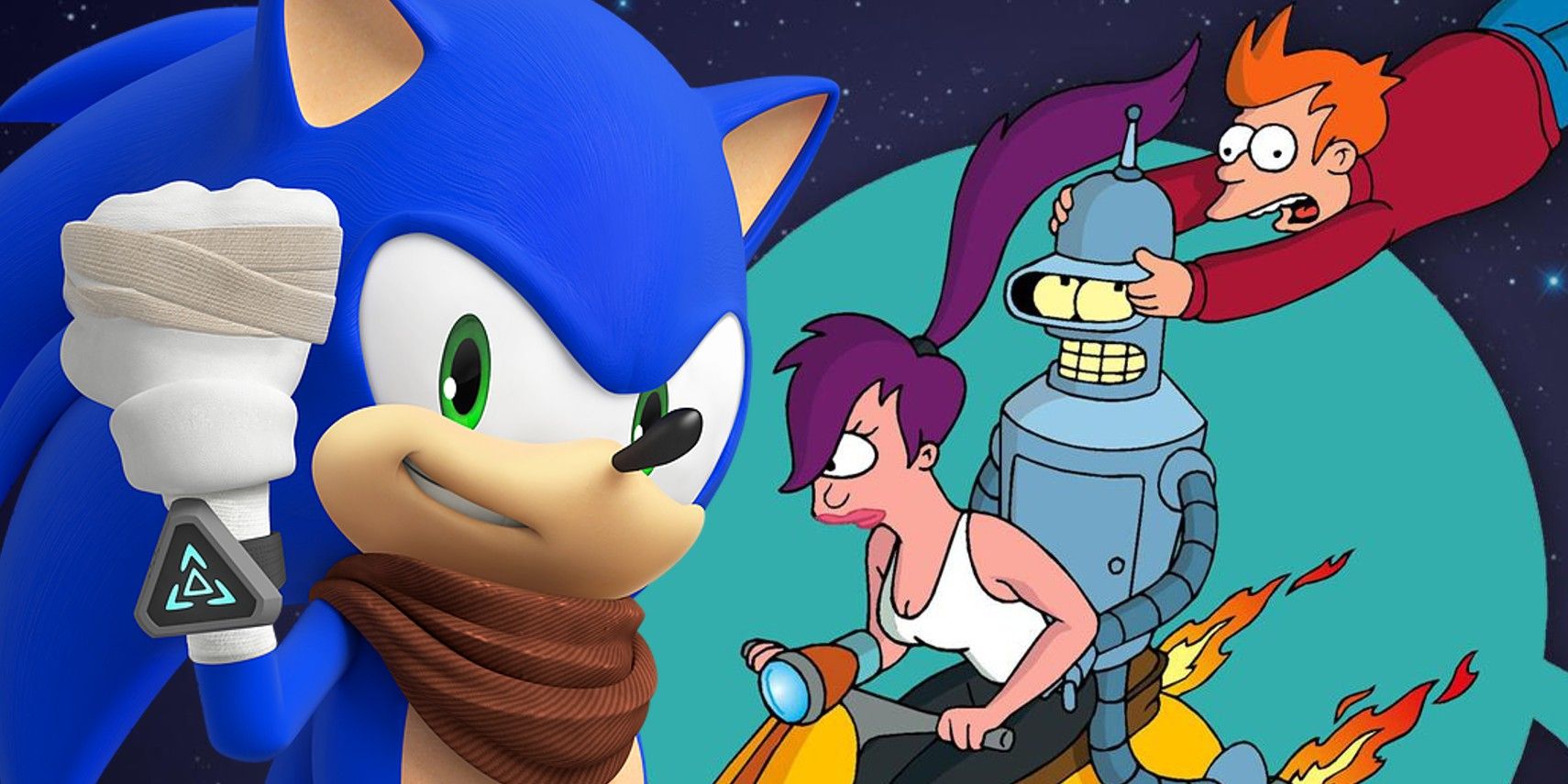 Sonic activates his communicator and Fry hangs on to Bender