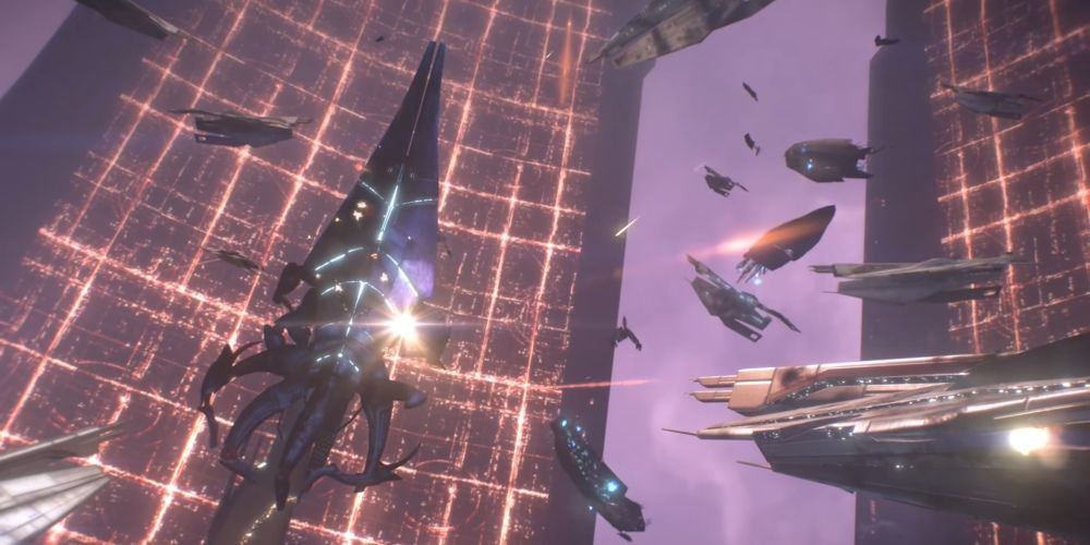 The Alliance Fleet battles Sovereign at the Citadel in Mass Effect