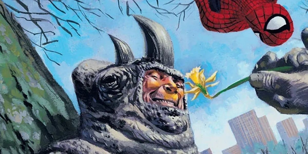 Spider-Man watches Rhino sniff a flower in Marvel Comics