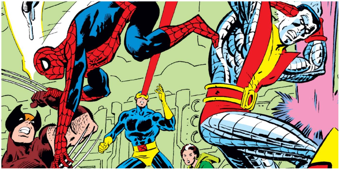 Spider-Man, Wolverine, Cyclops, and Colossus fighting in Marvel comics