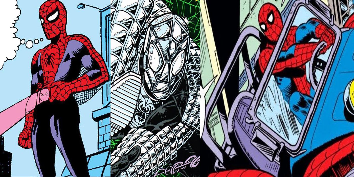 Spider Man using his various gadgets in Marvel Comics