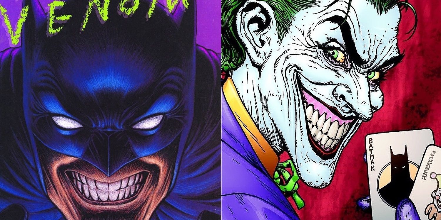 Split Image Batman Smiles Maniacally And Joker Smiles & Holds Cards