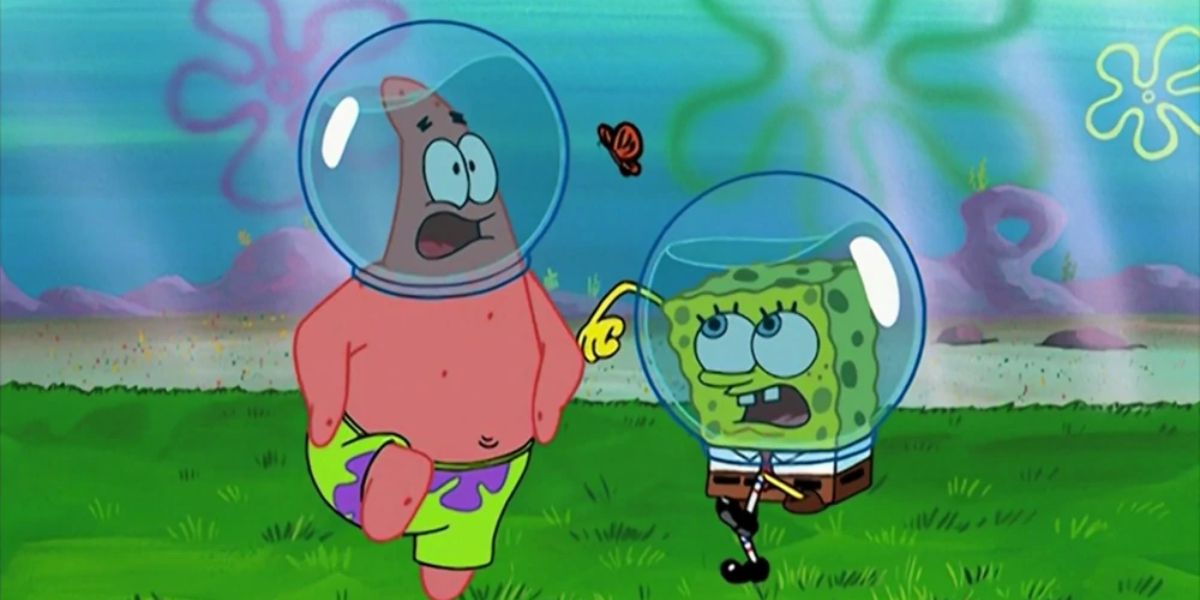 SpongeBob and Patrick scared of a butterfly from SpongeBob SquarePants.