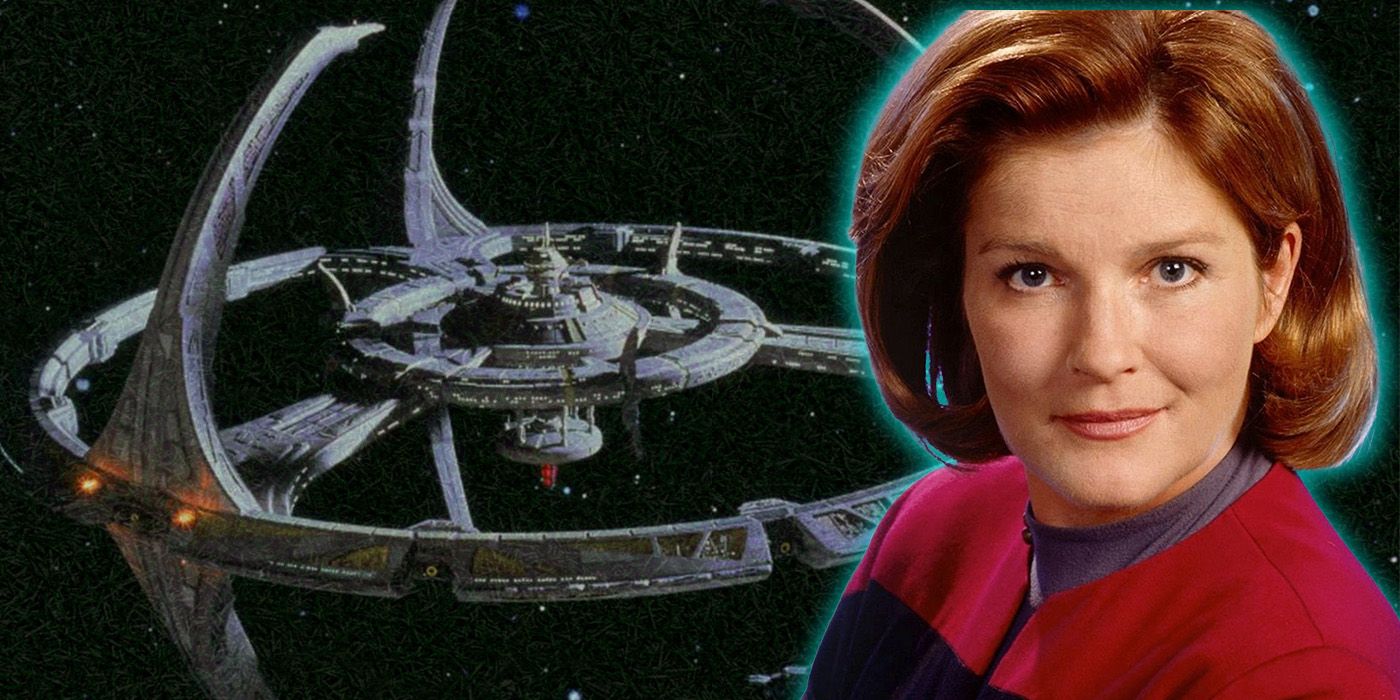 Captain Janeway in front of Deep Space Nine.