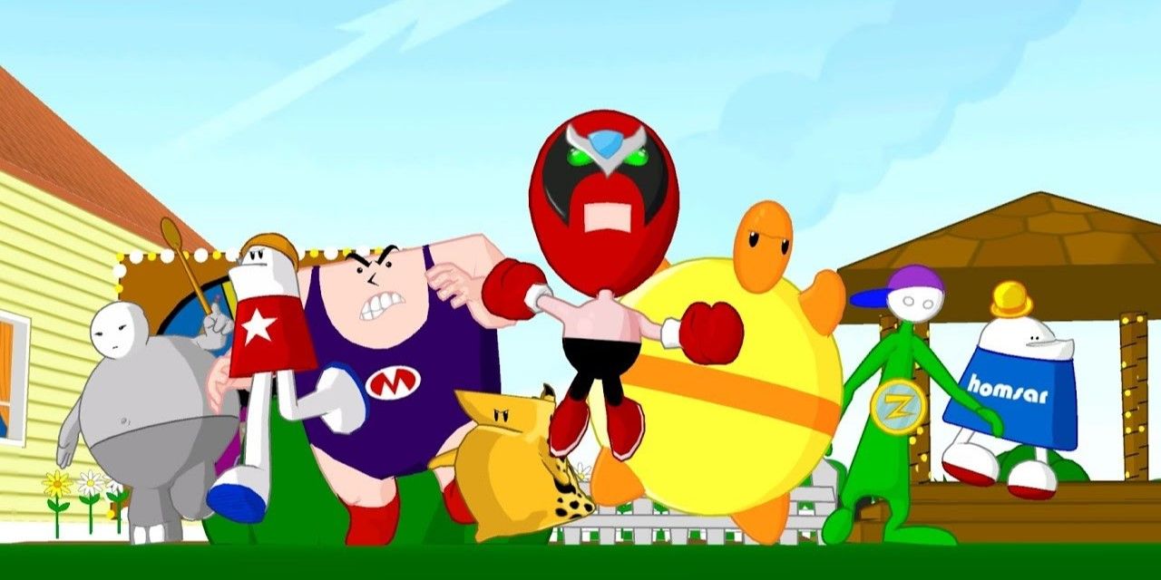 Strong Sad, Homestar Runner, Strong Mad, The Cheat, Strong Bad, Pom-Pom, Coach Z, and Homsar charge into battle