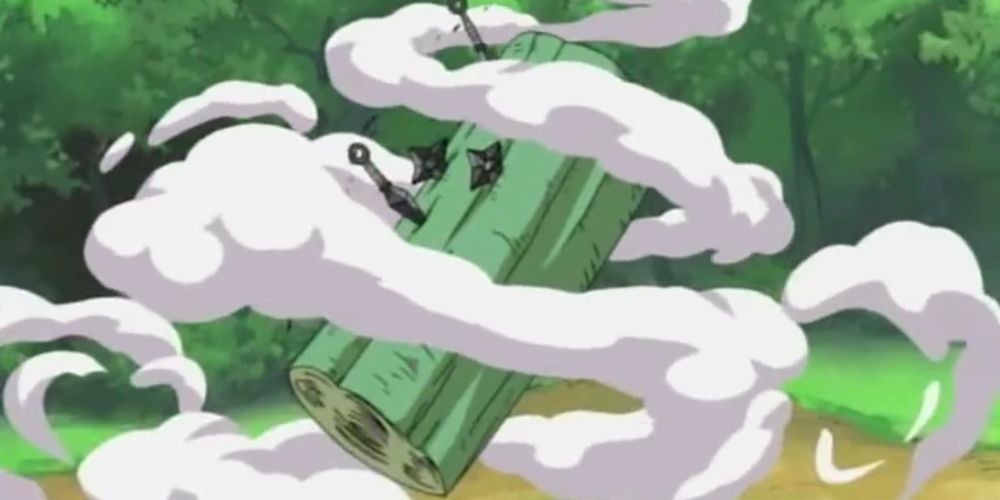 Substitution Jutsu replaces Kakashi with a log in Naruto.