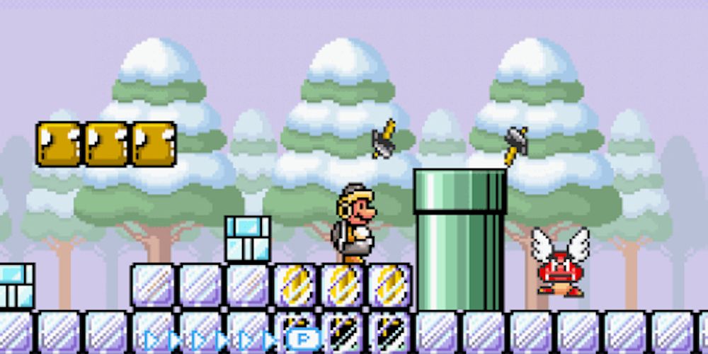 Mario mostra Hammer Suit em Super Mario Advance 4 Super Mario Bros 3