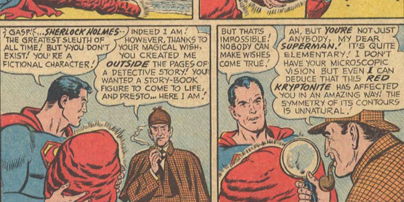 Superman holds red kryptonite with Sherlock Holmes in Action Comics