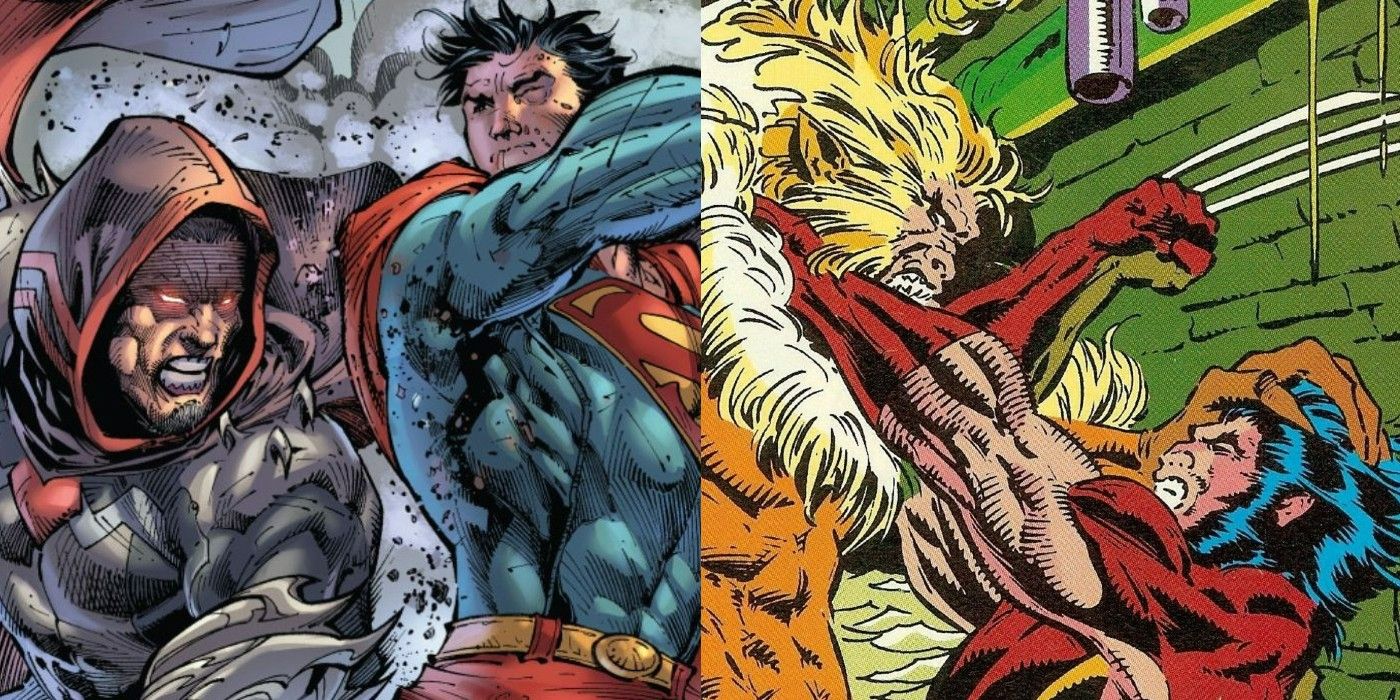 A split image of Superman fighting Zod and Sabretooth fighting Wolverine