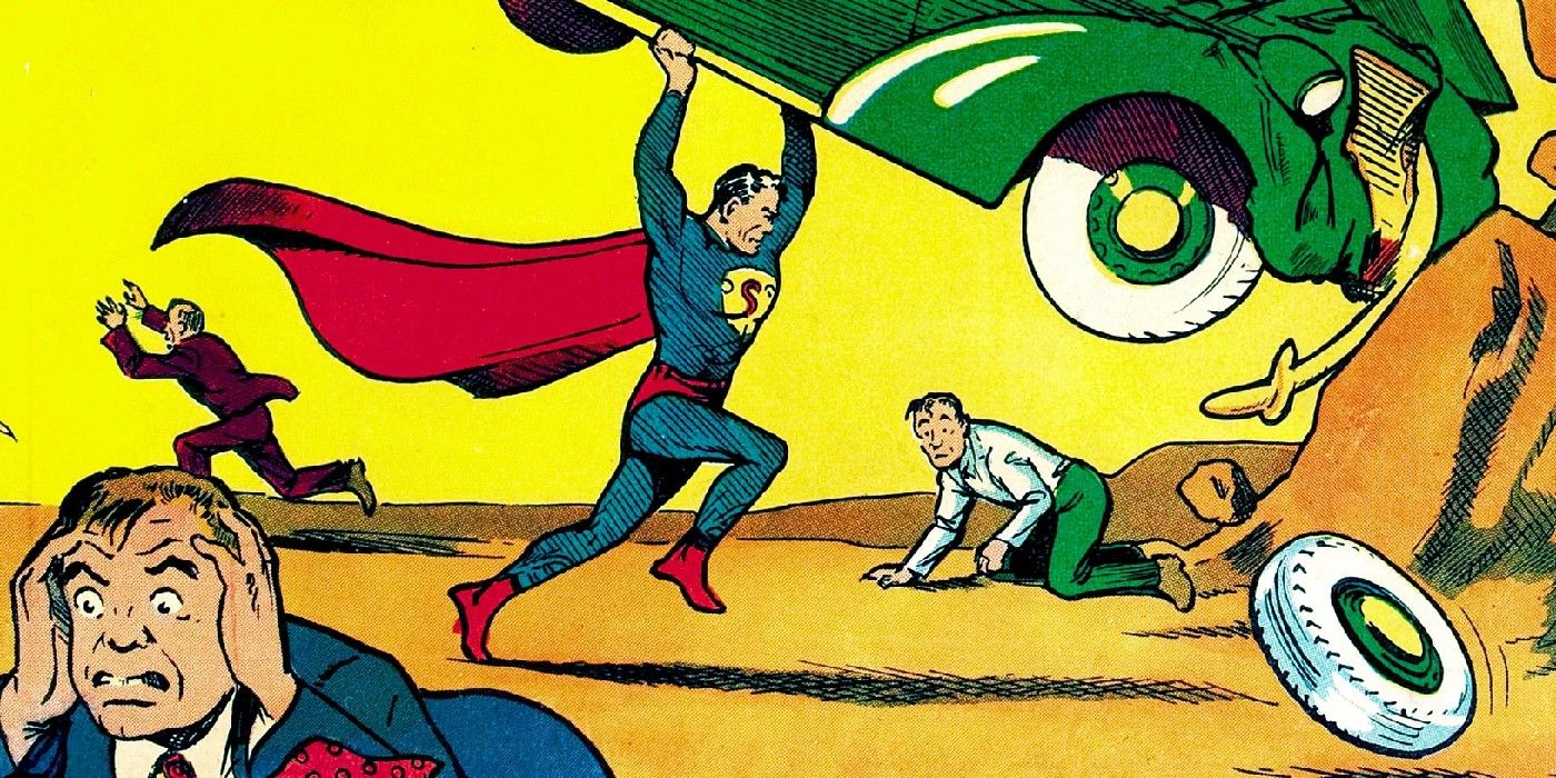 Superman scares the criminals by throwing a car in Action Comics 1