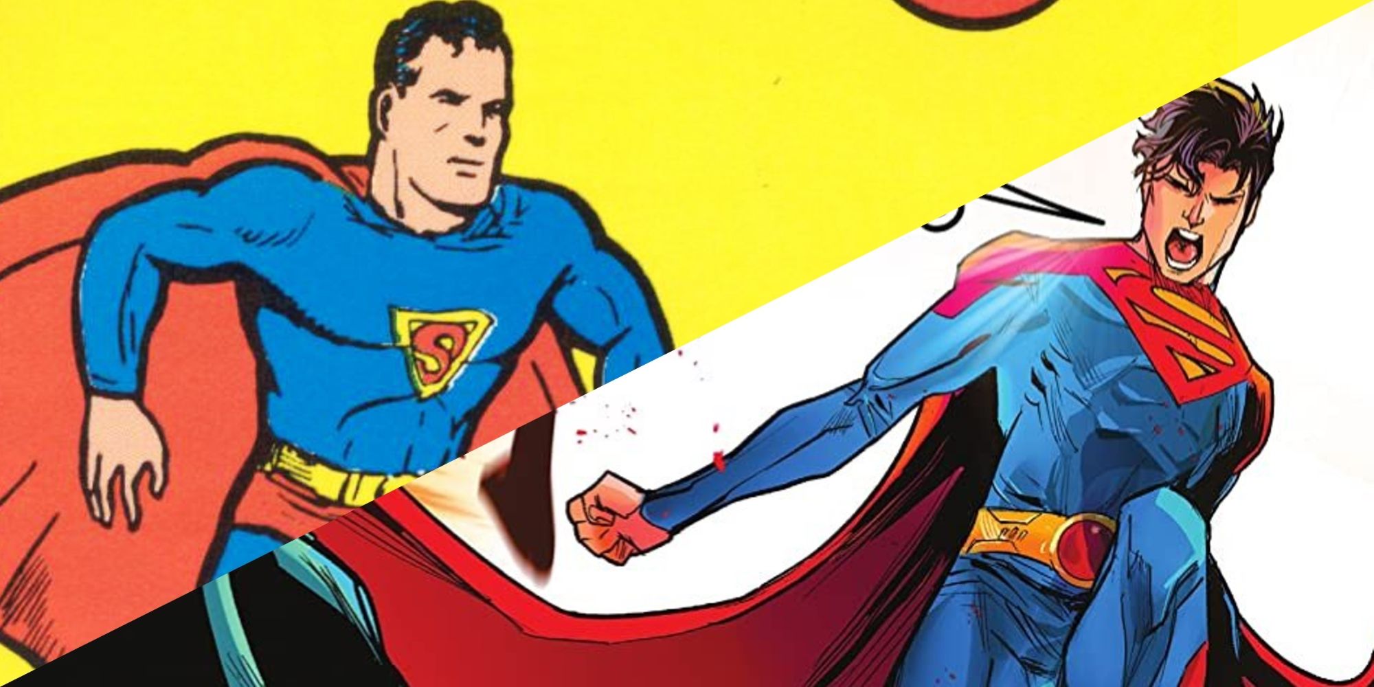 DCコミックのスーパーマンの初期と最近の反復の分割画像