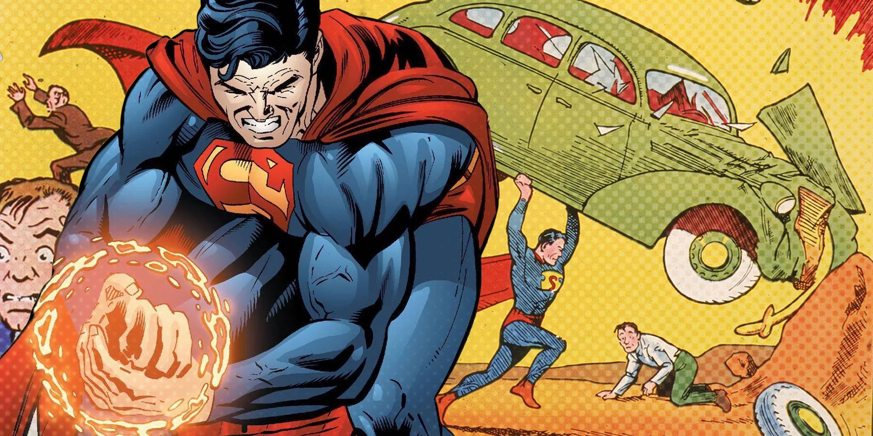 Superman containing a black hole in his hand and lifting a car off of a scared civillian