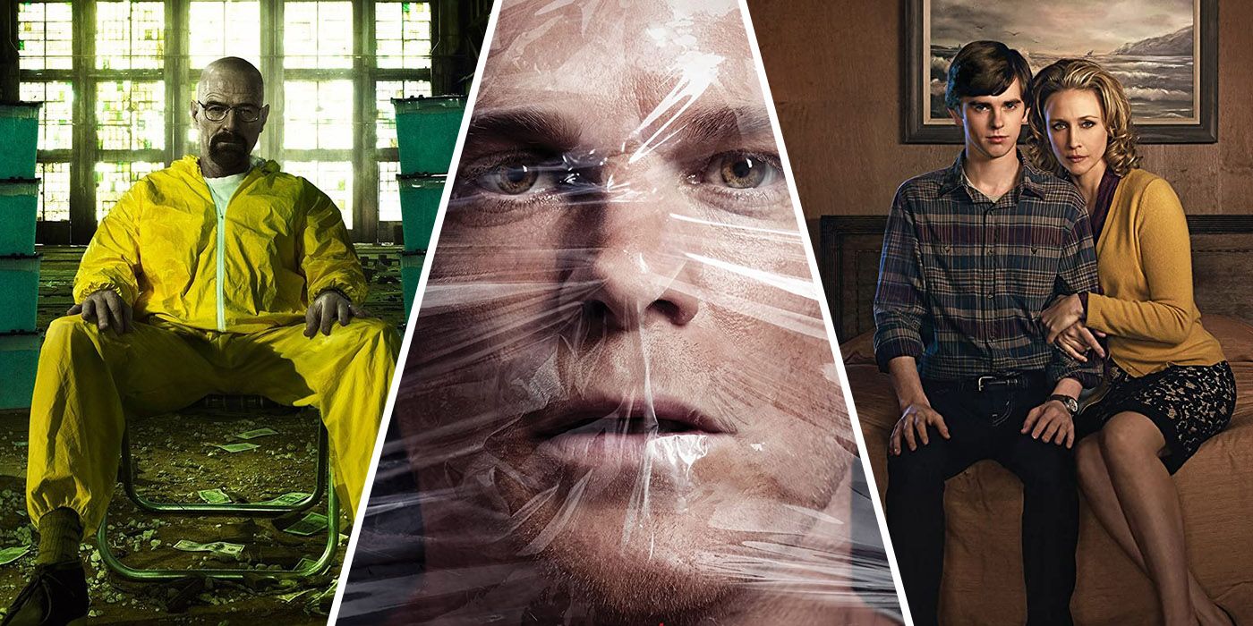 split image of Walter White in a hazmat suit, Dexter in plastic wrap, and Norman and Norma Bates