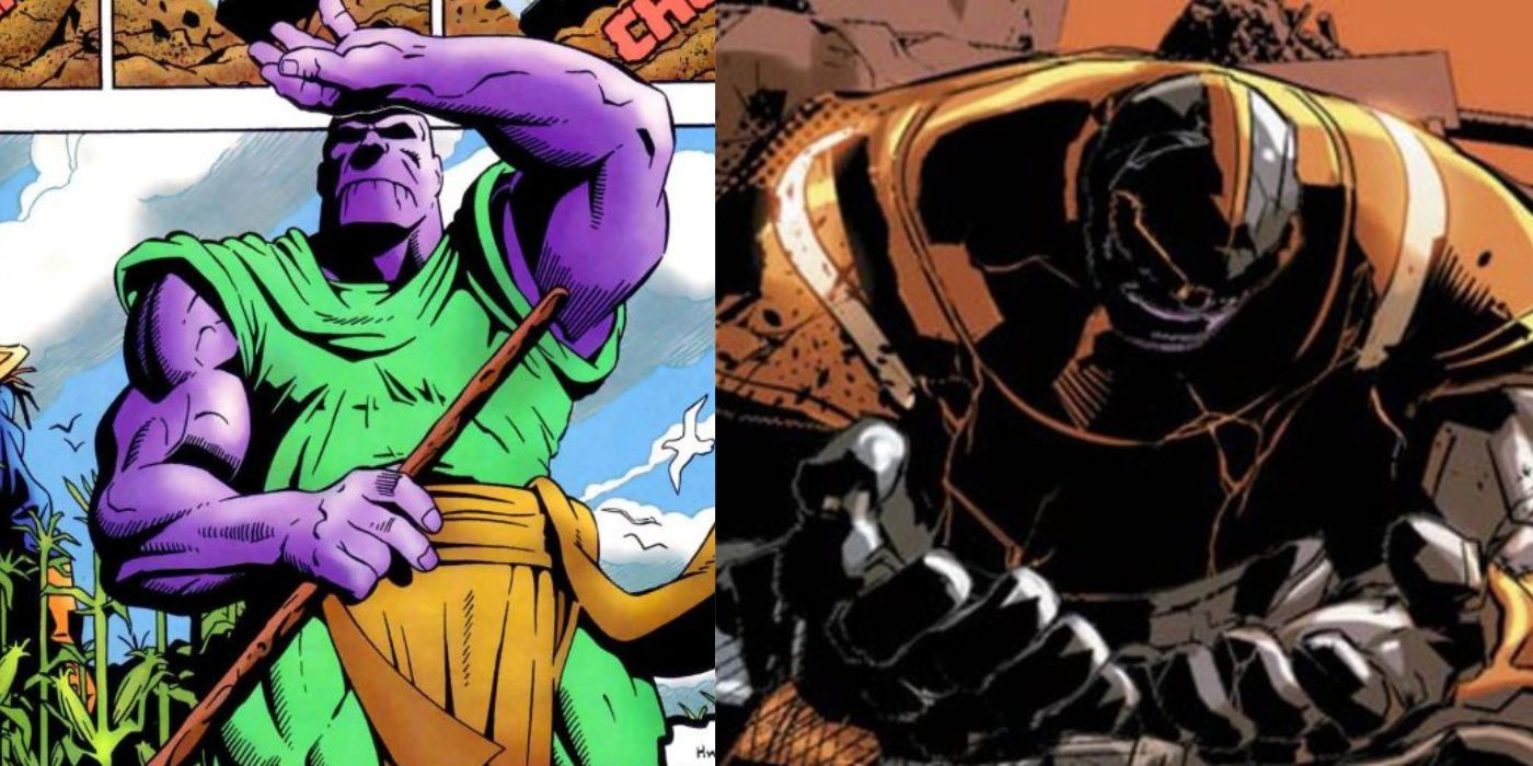 A split image of Thanos looking distressed in Marvel Comics