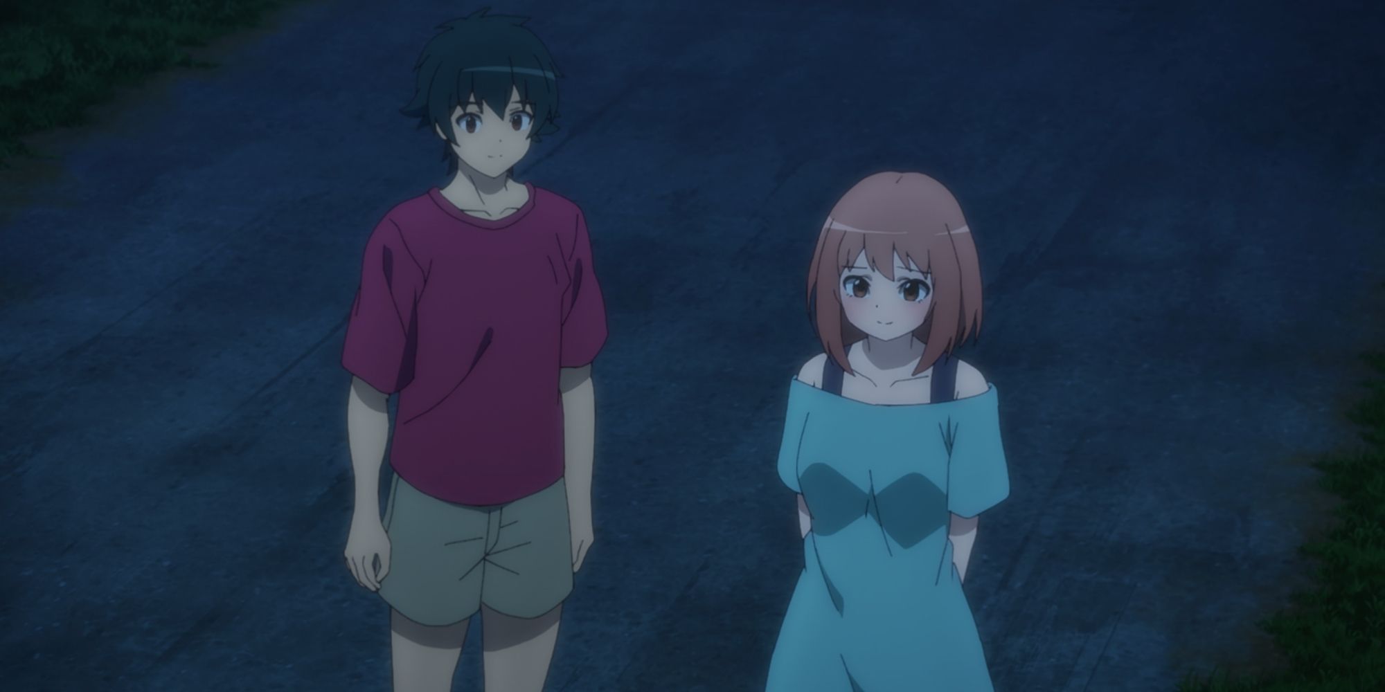 Chiho Sasaki talks to Sadao Maou at night in The Devil Is a Part-Timer!.
