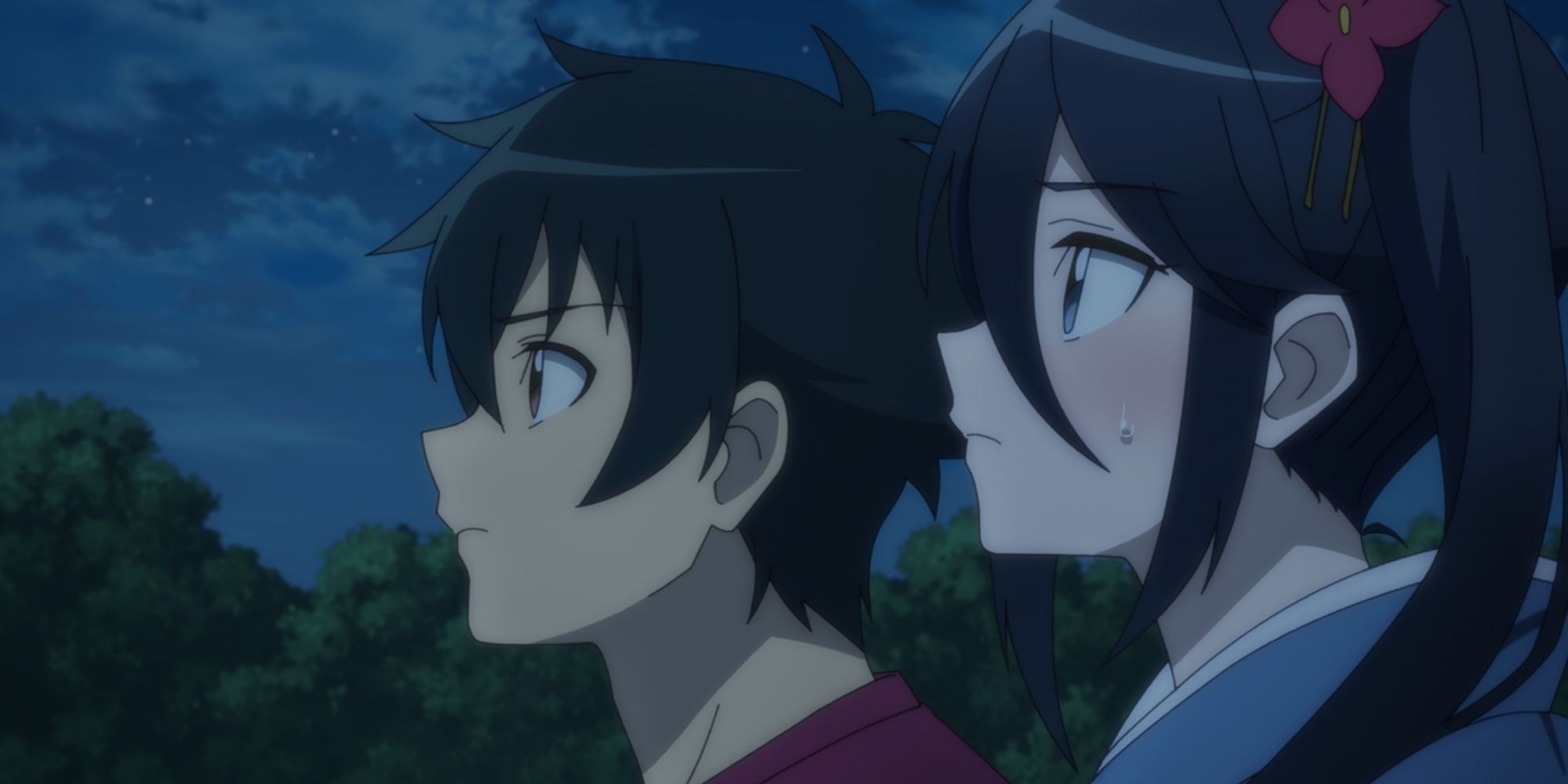 Sadao Maou and Suzuno Kamazuki watch on nervously in profile in The Devil Is a Part-Timer!.