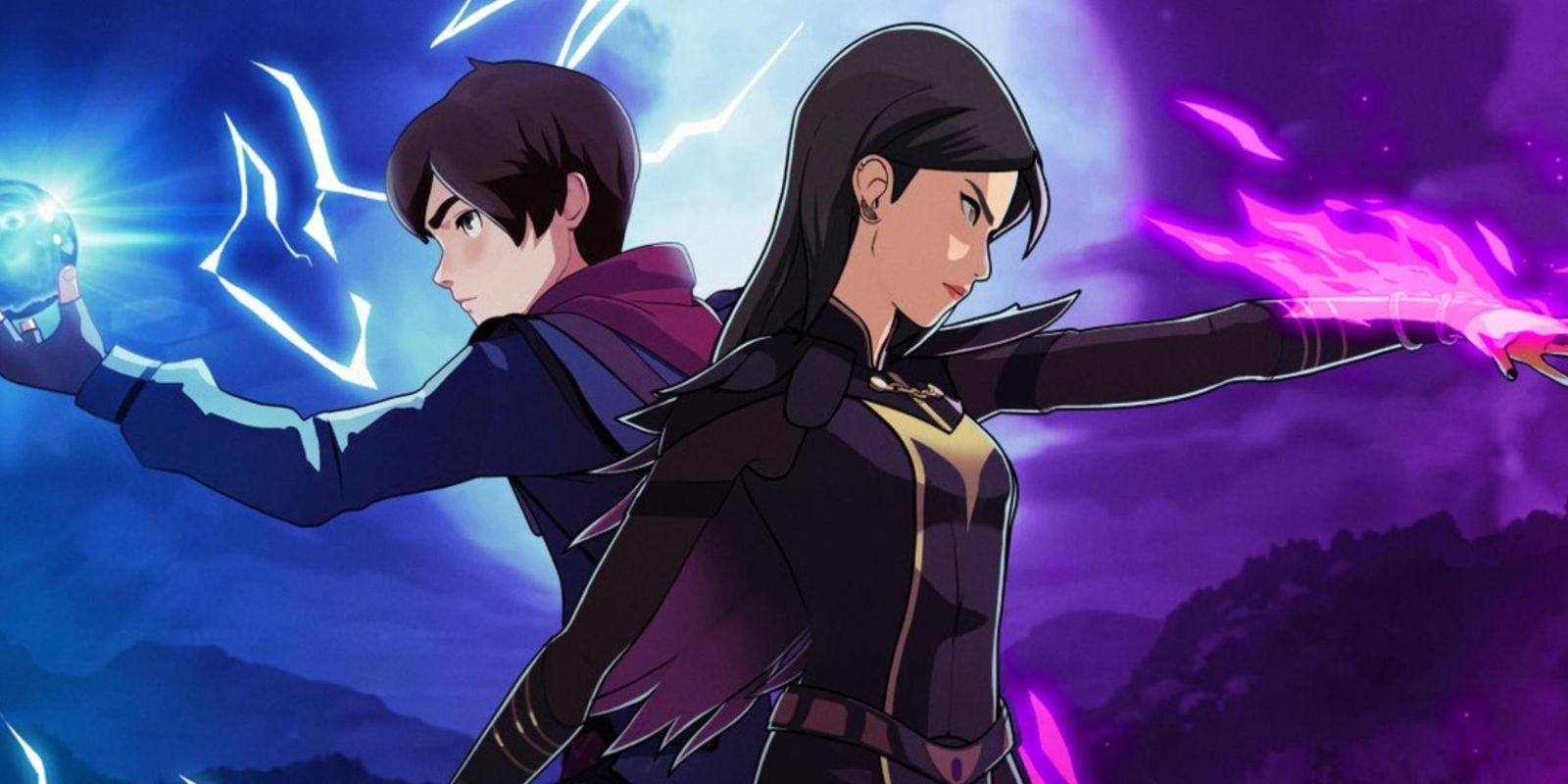 The Dragon Prince's Callum and Claudia Back to Back wielding dark and primal magics