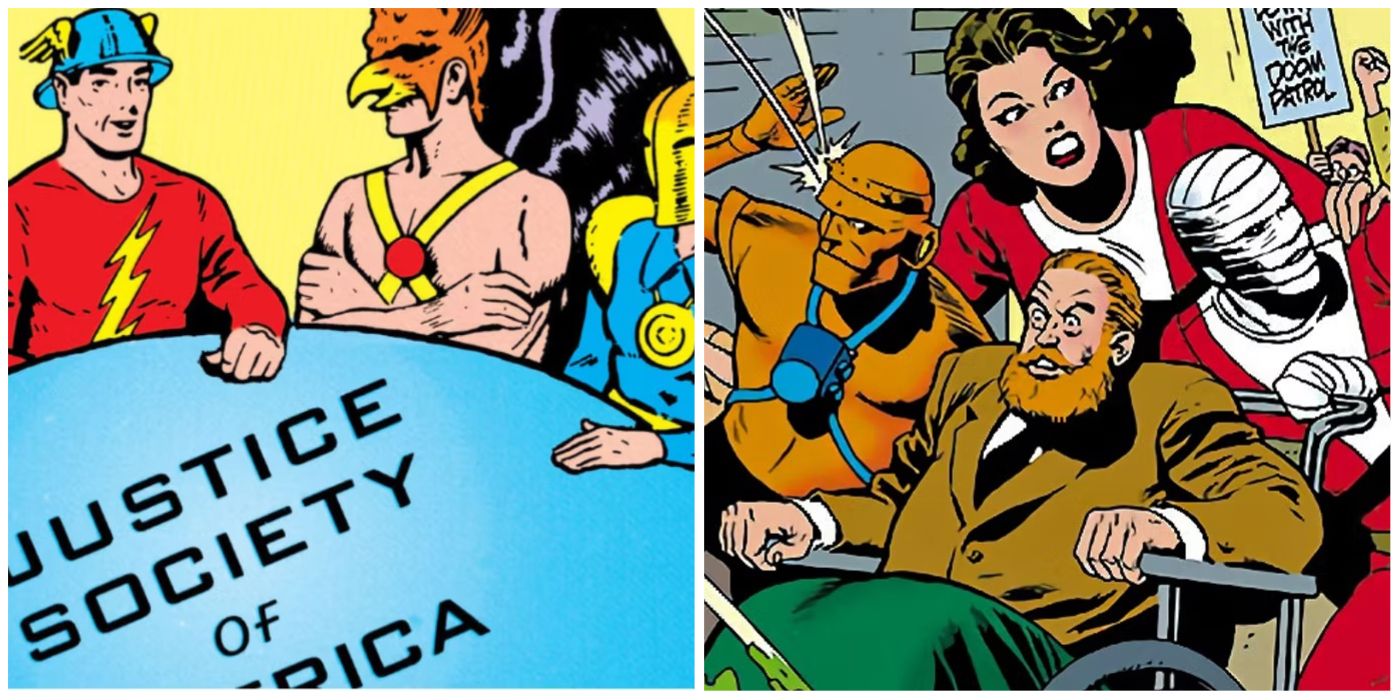 split image of the Golden Age Justice Society of America and Doom Patrol
