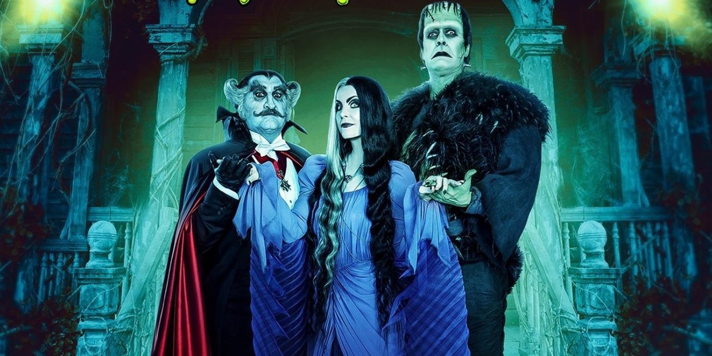 The Count and Lily and Herman Munster pose in front of their house in The Munsters (2022).