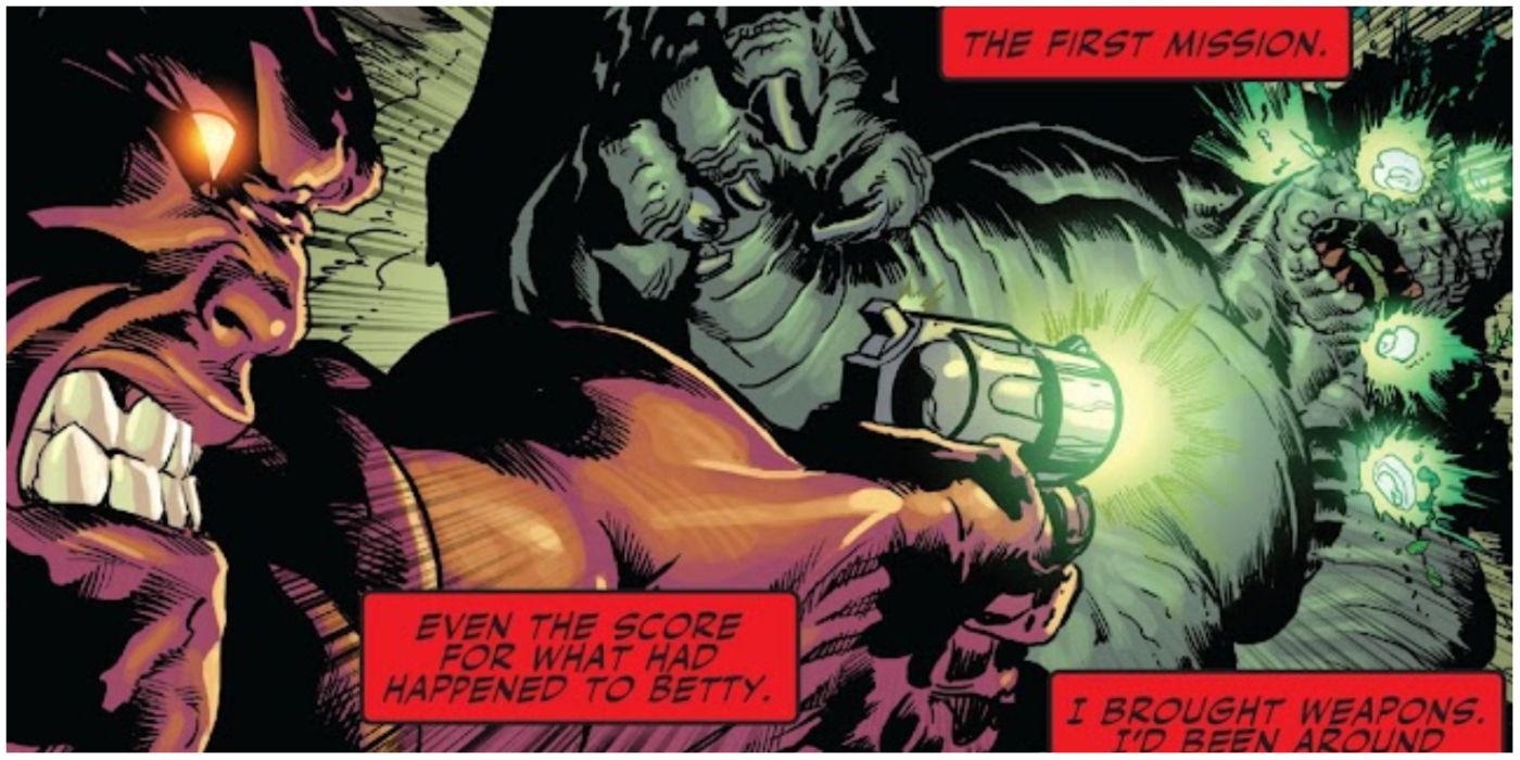 The Red Hulk shooting Abomination in Marvel comics