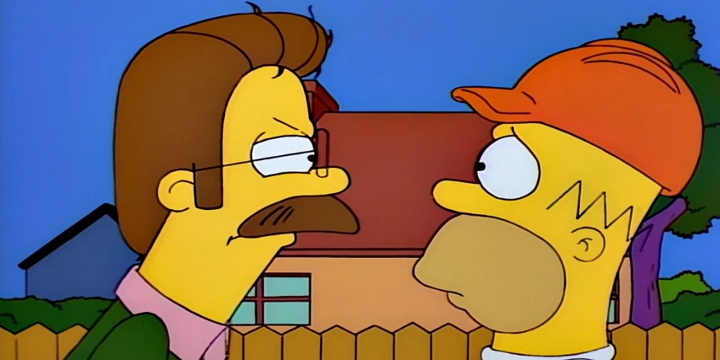 Ned Flanders glares at Homer Simpson who looks terrified by this look in The Simpsons