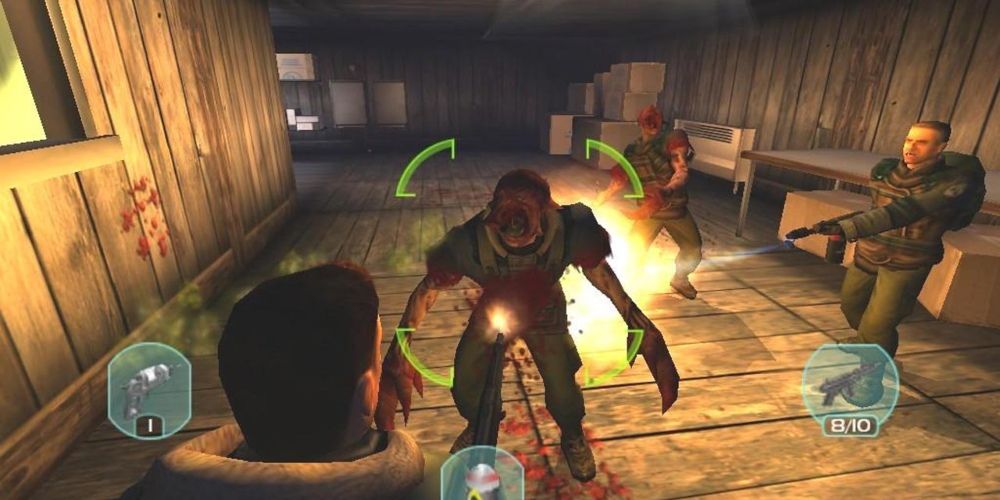 A group of survivors all shoot at a boss in The Thing video game