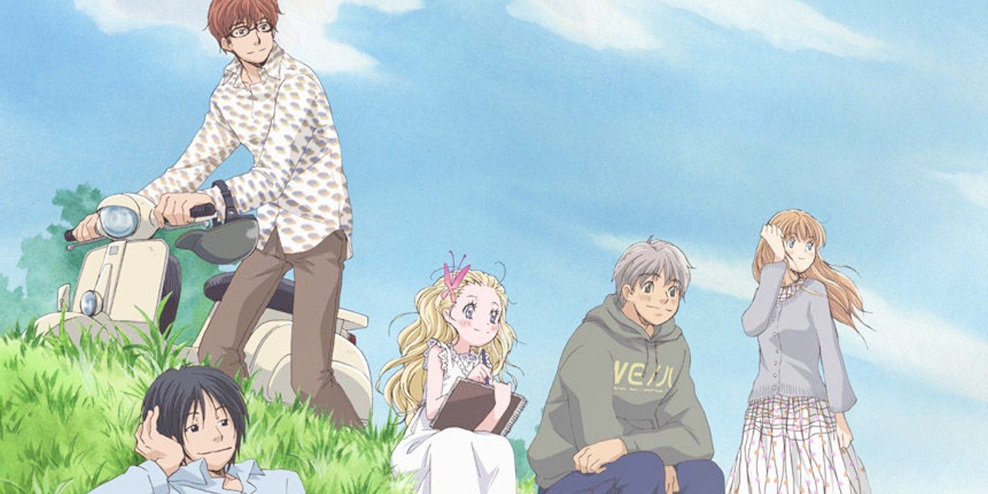 The main cast sitting outside on a sunny day and smiling in Honey and Clover